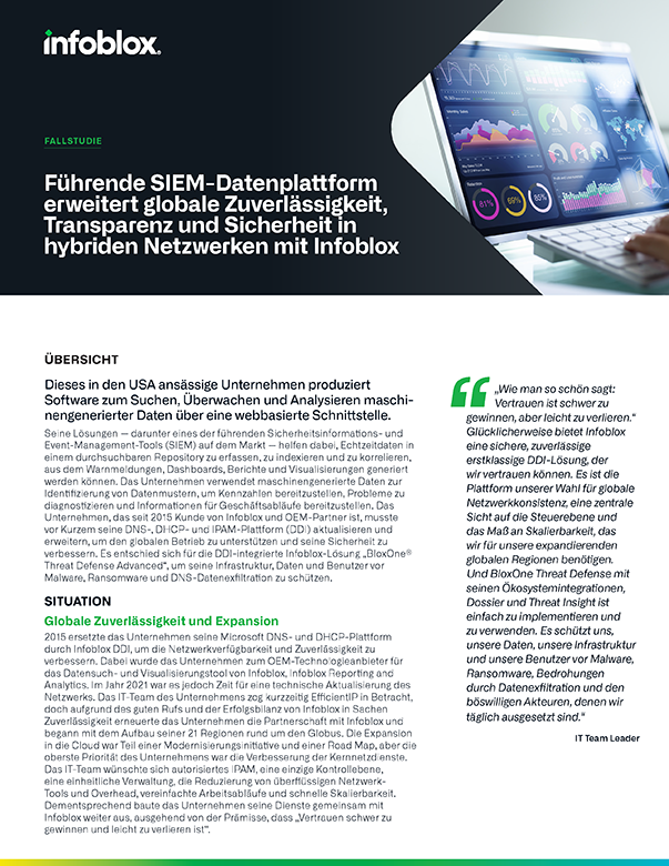 Führende SIEM-Datenplattform erweitert globale Zuverlässigkeit, Transparenz und Sicherheit in hybriden Netzwerken mit Infoblox